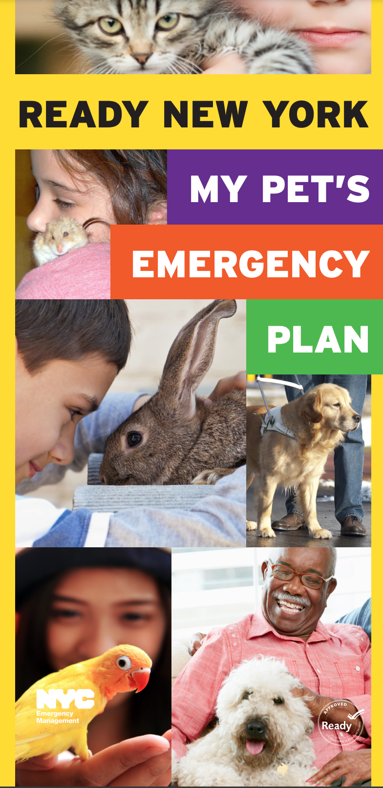 Cover of Ready New York Emergency Plan PDF, featuring various blocks with images of pets and people.