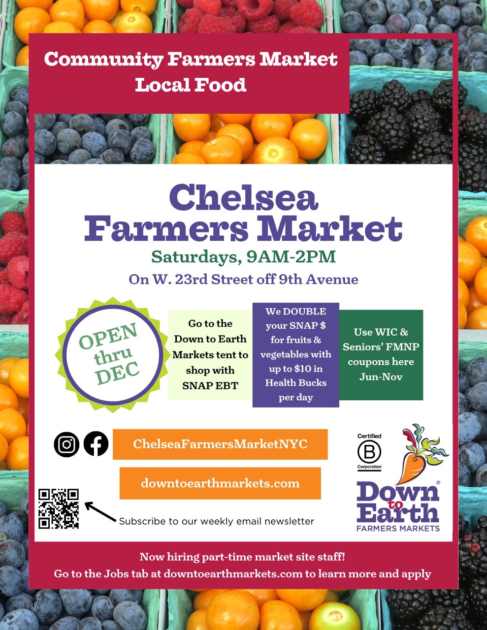 Flyer depicting vegetables and market event information.