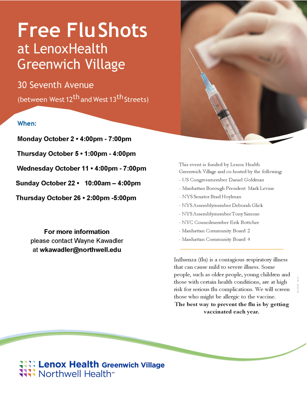 The image displays a Greenwich Village flyer advertising free flu shots at "LenoxHealth," 30 Seventh Avenue, with prominent co-hosts. Contact Wayne Kawadler at "wkawadler@northwell.edu" for details. The flyer emphasizes the importance of annual flu vaccination and features logos for Lenox Health Greenwich Village and Northwell Health.