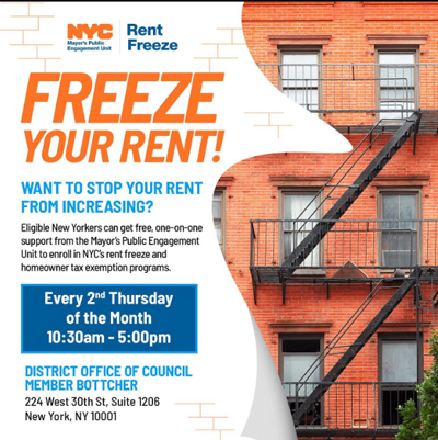 NYC Council Member Erik Bottcher’s office offers appointments for the SCRIE/DRIE and the Rent Freeze programs available for our constituents! The next opportunity to meet with the NYC Public Engagement Unit Rent Freeze team at our office is on Thursday, March 9th, between 10:30am-5pm. Appointments can be made online