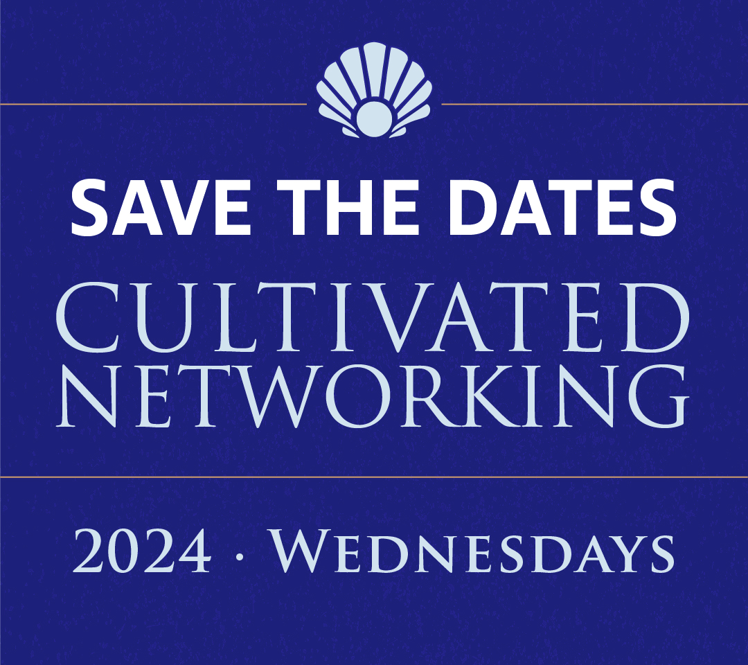 Flyer for Cultivated Networking with an illustration of a seashell, States Cultivated Networking 2024 Wednesdays, list below