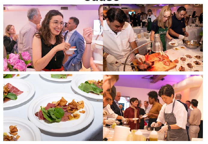Pictures of chefs making food, people eating and talking