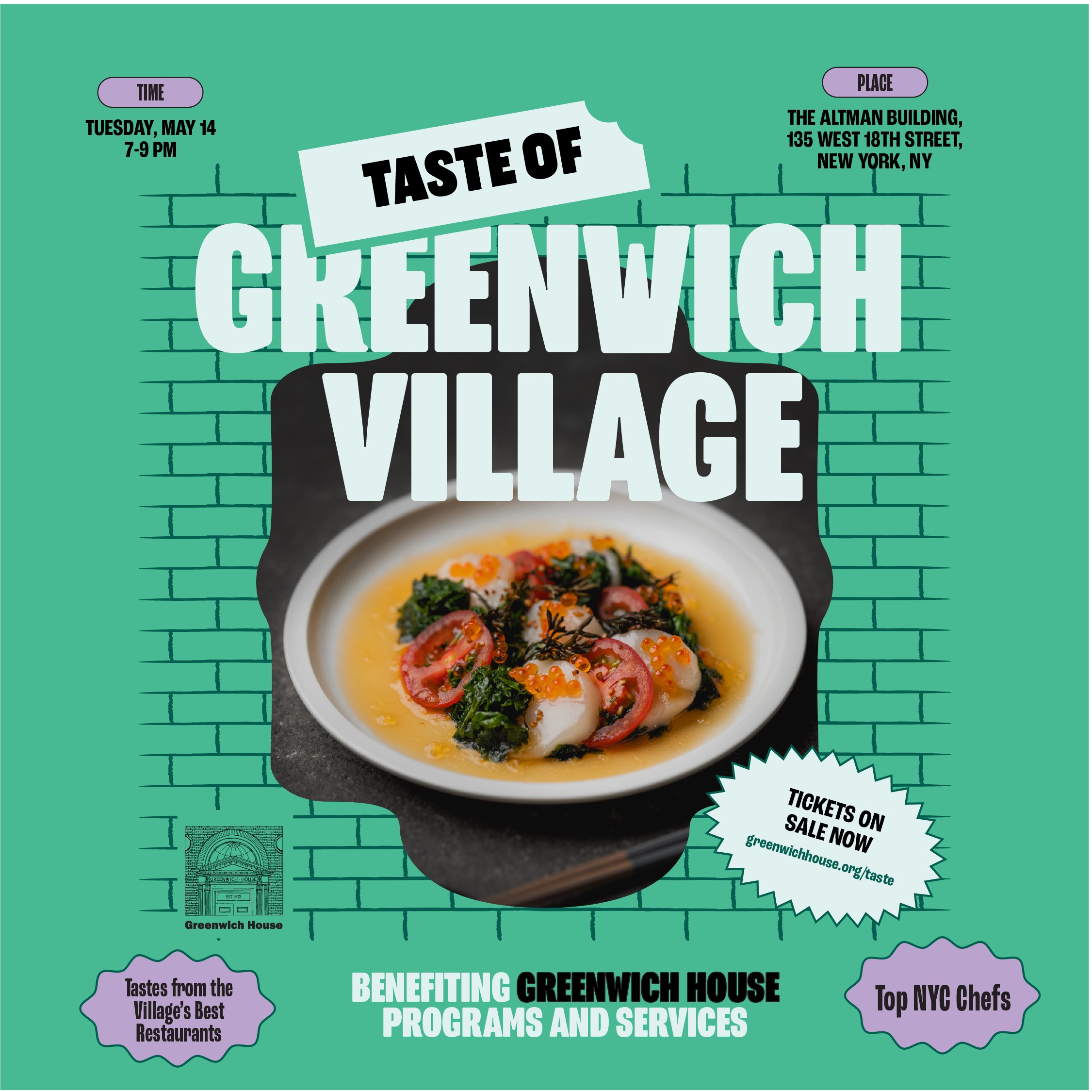 Flyer for Taste of Greenwich Village, featuring a dish of soup and caviar