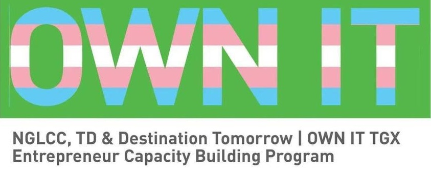 Logo that says Own it, with the transgender flag colors overlaid on the text. Reads: NGLCC, TD, & Destination Tomorrow | Own IT TGX Entrepreneur Capacity Building Program