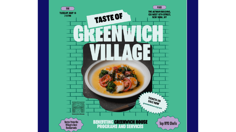 Save the date advertisement that reads: Tuesday, May 14th, The Altman Building, Taste of Greenwich VIllage