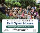 The poster for the Fall Open House at Greenwich House Music School shows a lively scene. In a garden, people enjoy music, with a guitarist at the center. Inside the school, a girl awaits her turn. The "Mozart" logo is in a blue circle, and event details include the date, time, and address. "Greenwich House" is the event host.