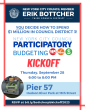This image is a flyer for the New York City Budget Kickoff event. It features a green NYC building and Council logo at the top. The word "Kickoff" is in red at the center, with a group of people in a circle below it. A green dollar sign and a "Vote" logo are on the right. The event information includes the date and time, which is set for Thursday, September 28, from 6:00 to 8:00 PM. The venue for the event is Pier 57, located at Hudson River Park, specifically at 15th Street. The image also includes a websi
